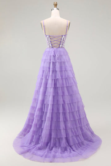 Purple Corset A Line Tiered Long Prom Dress